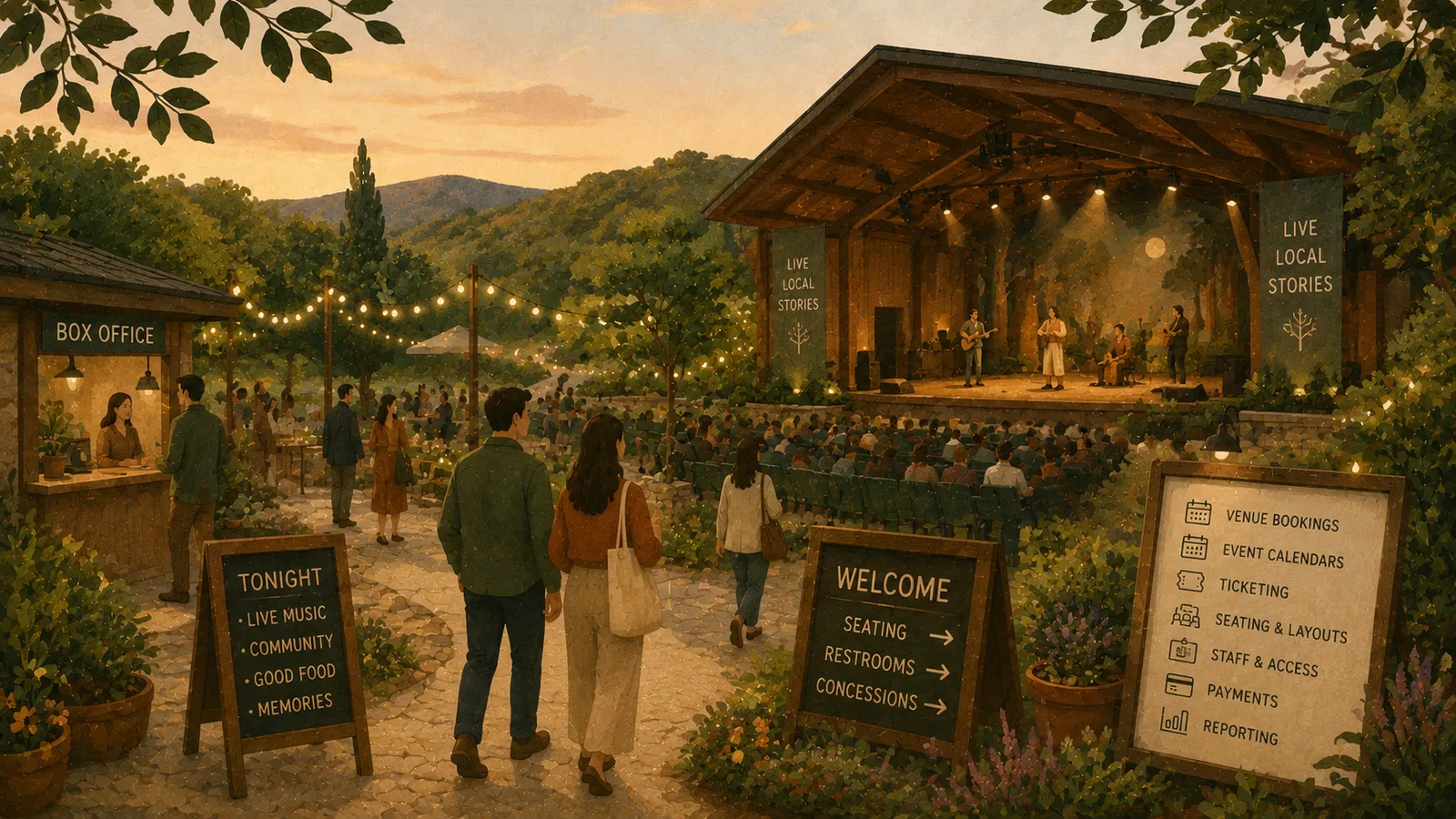 Illustration of an event venue interior with string lights